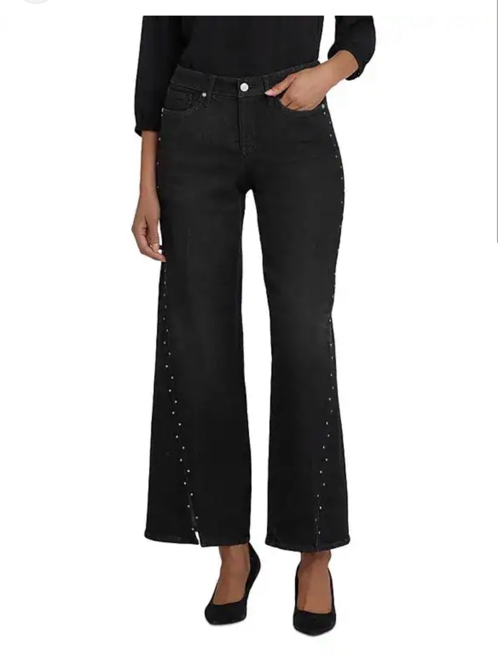 NYDJ Black Wide-Leg Jeans with Silver Side Studs